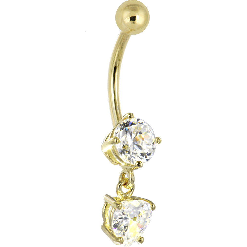 16G Solid 14k Yellow Gold Cubic Zirconia Solitaire Round Heart Dangle Belly Ring