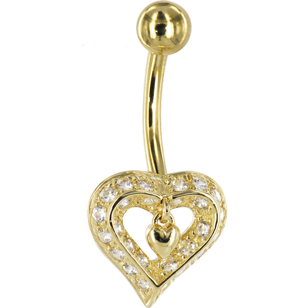 16G Solid 14K Yellow Gold Cubic Zirconia CHARMING HEART Belly Ring