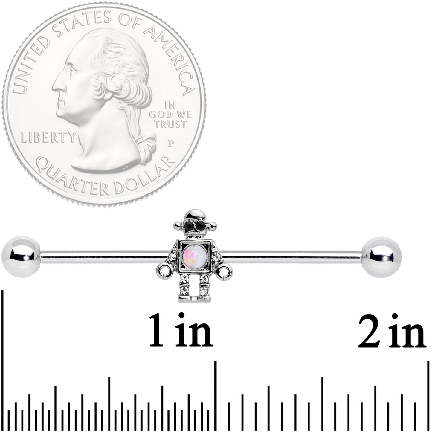 14G White Faux Opal Rock Out Robot Industrial Barbell 38mm