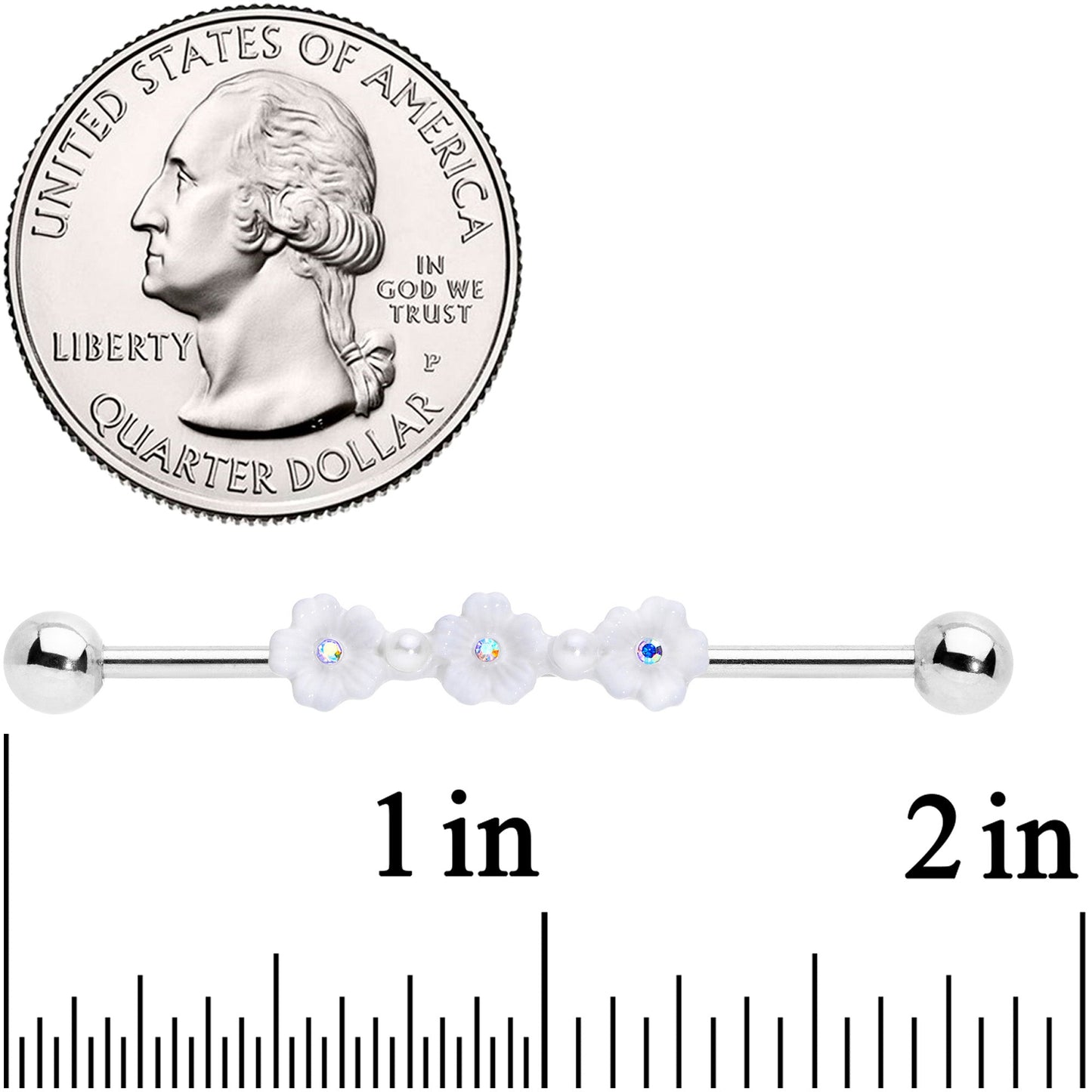 14G Aurora Gem White Flower Industrial Barbell 38mm