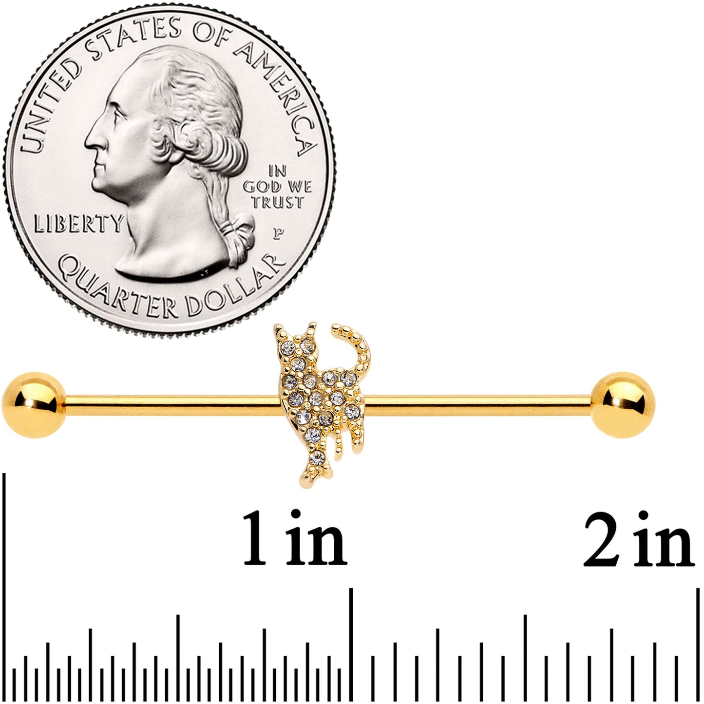 14G Clear Gem Gold Tone Glamourpuss Cat Industrial Barbell 38mm