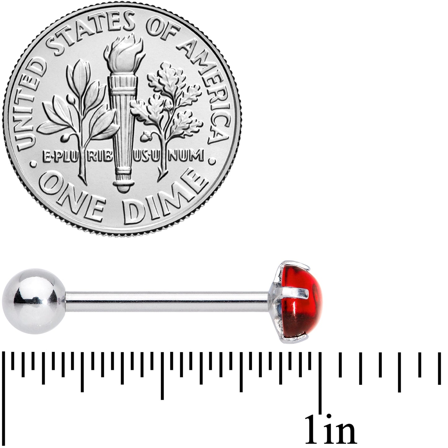 Red CZ Gem Smooth Hemisphere Barbell Tongue Ring