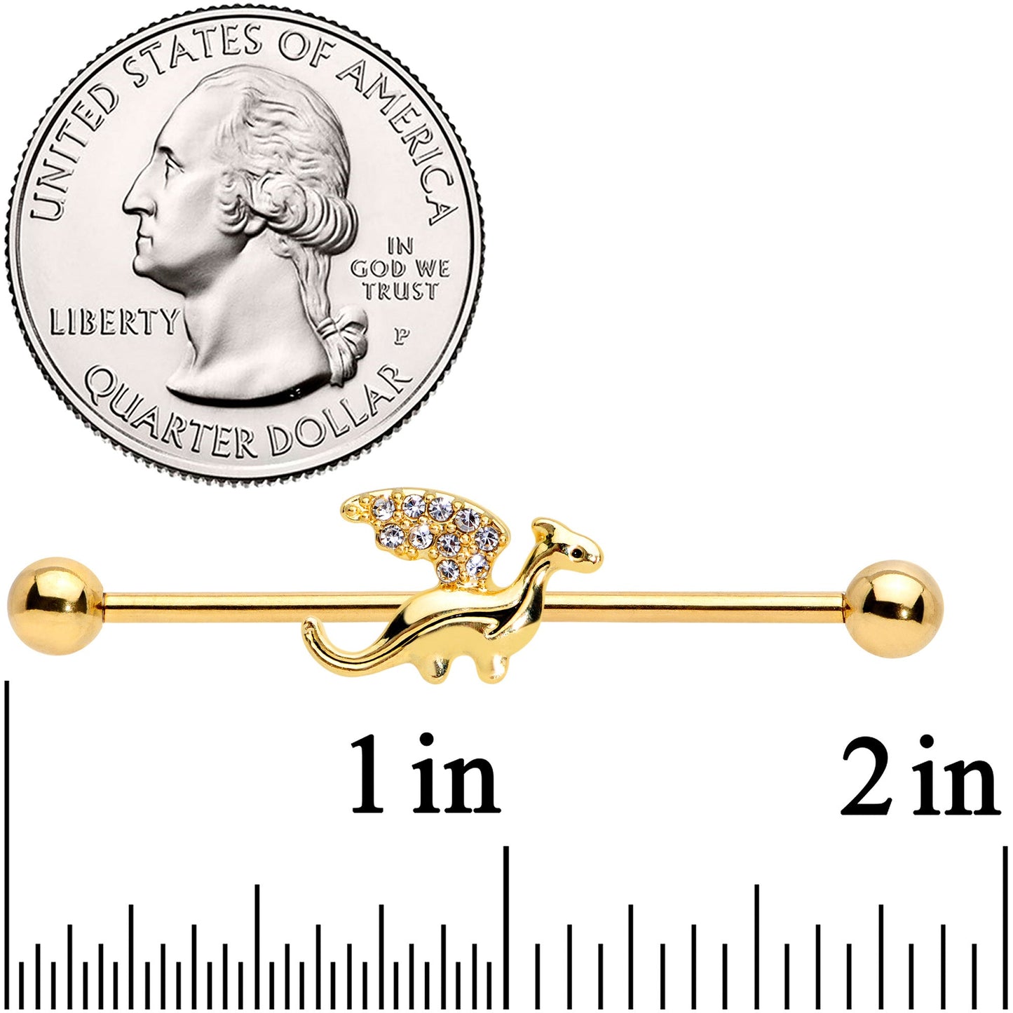 14G Clear Gem Gold Tone Dragon Industrial Barbell 38mm