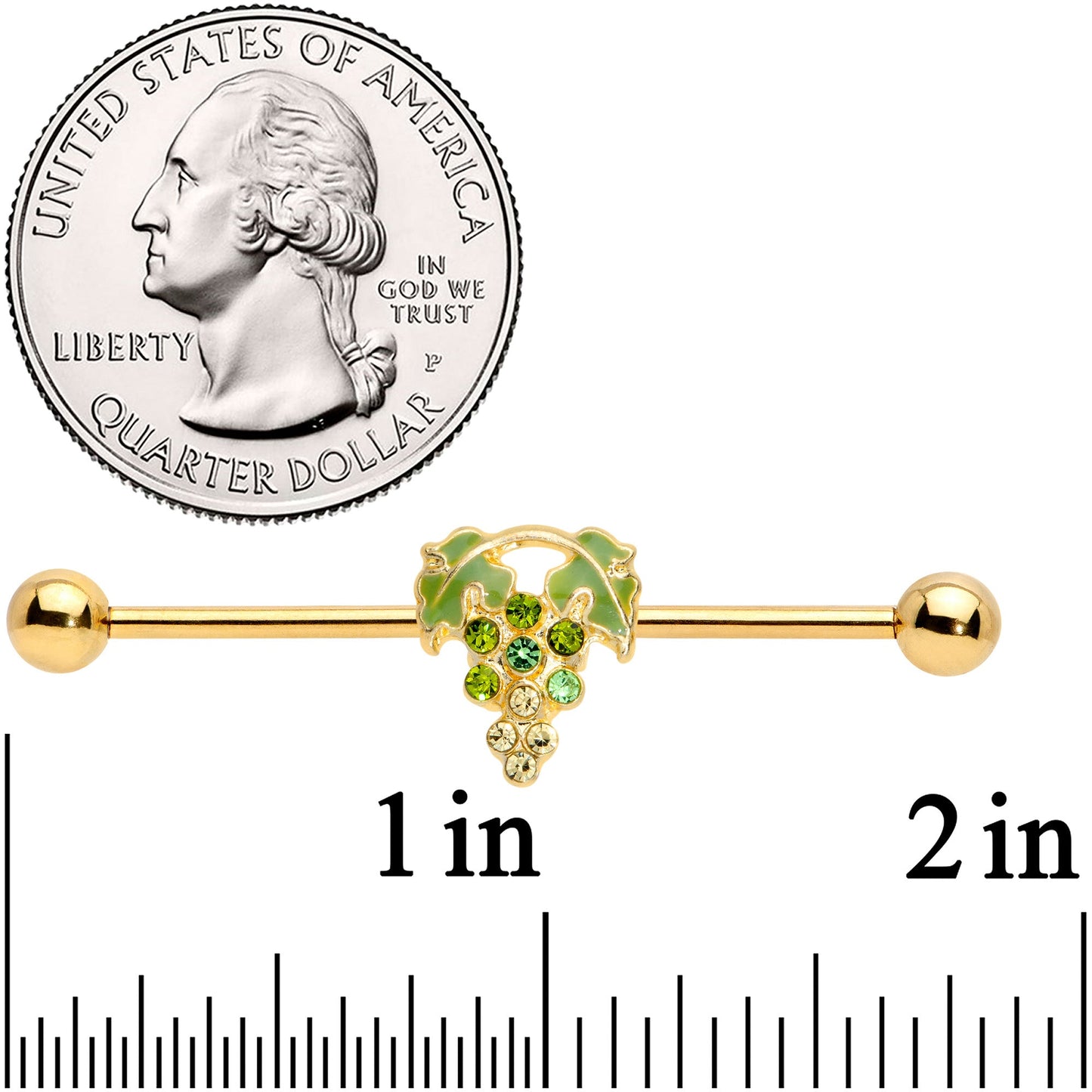14G Green Gem Gold Tone Bunch of Grapes Industrial Barbell 38mm
