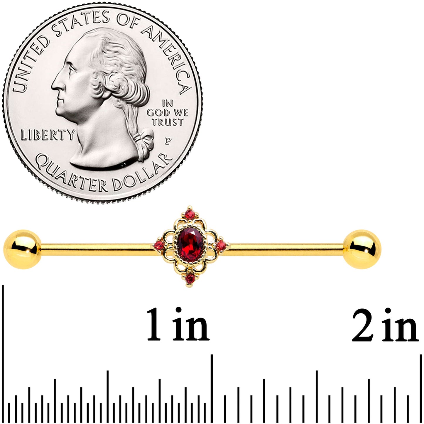 14G Red Gem Gold Tone Rich Regal Rhombus Industrial Barbell 38mm