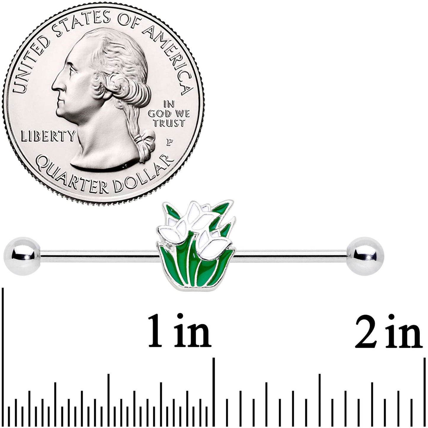 14G Spring White Tulip Flower Industrial Barbell 38mm