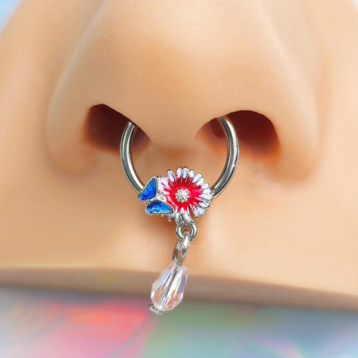 16G 3/8 Clear Gem Passion Flower Butterfly Hinged Segment Ring