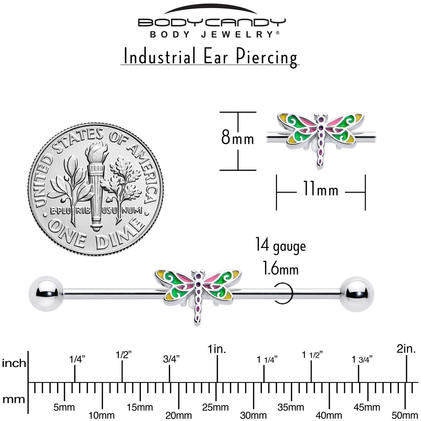 14G Dragonfly Colors Industrial Barbell 38mm
