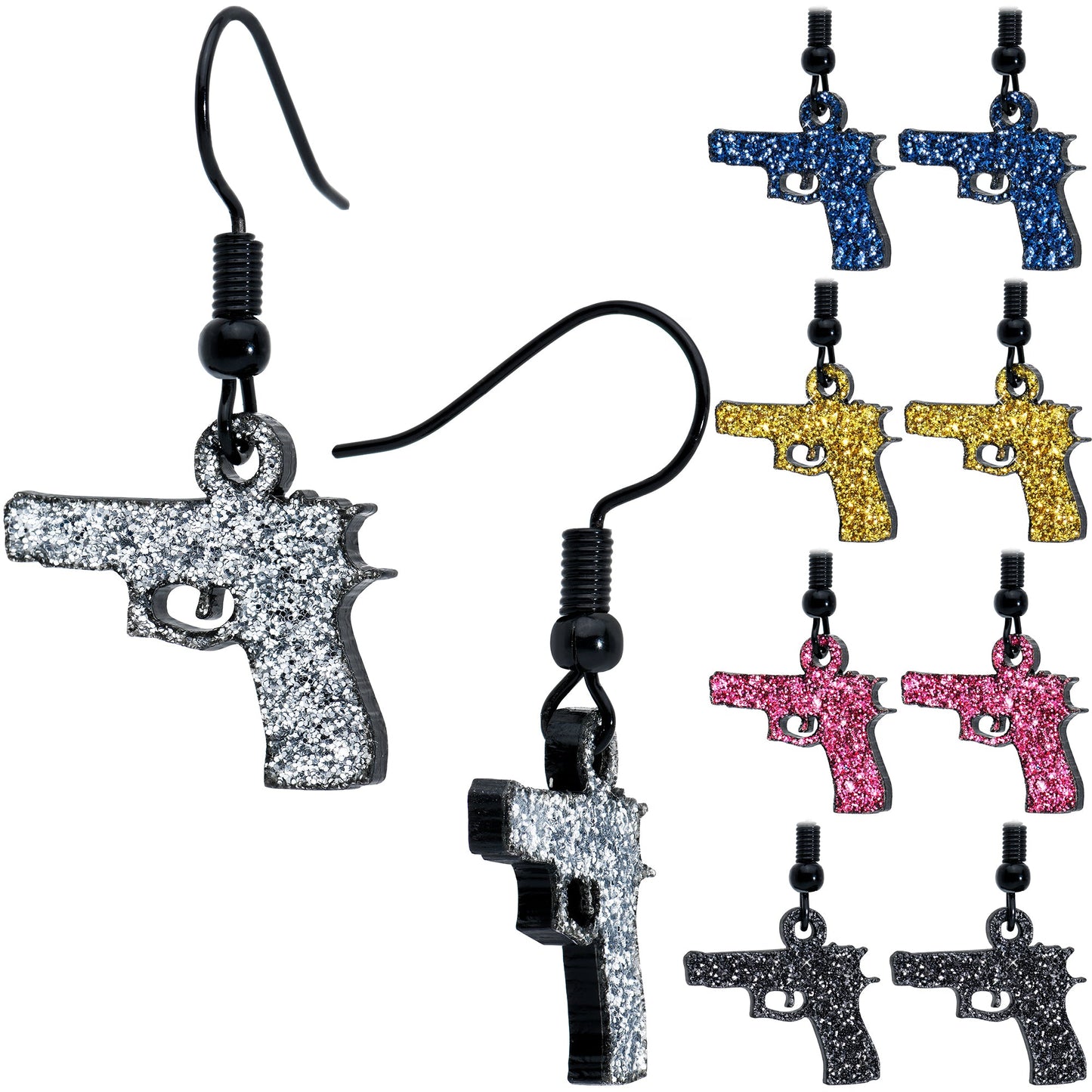 Black Glitter Gun Fishhook Dangle Earrings