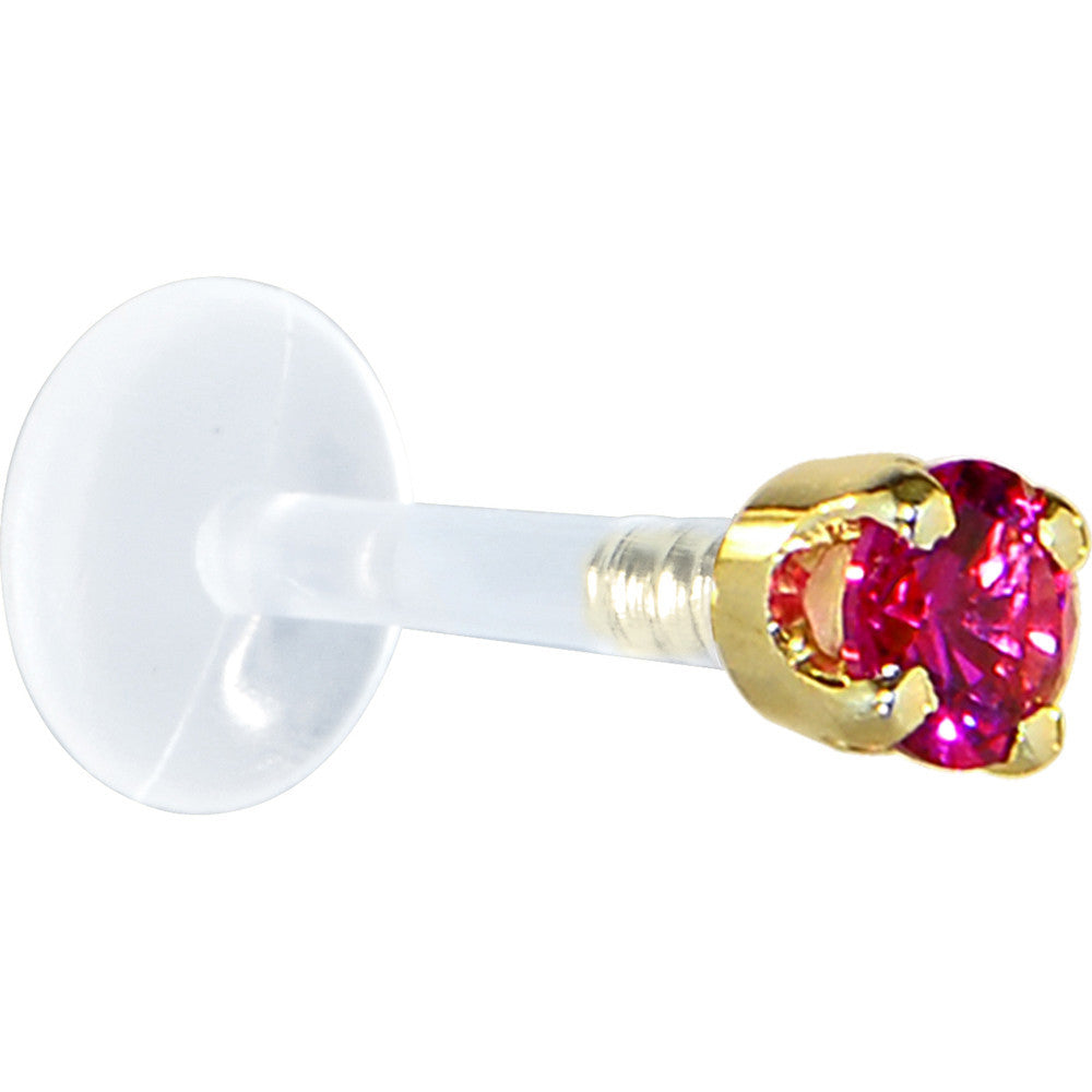 16G 5/16 Solid 14K Yellow Gold 3mm Red Cubic Zirconia Bioplast Tragus Earring Stud