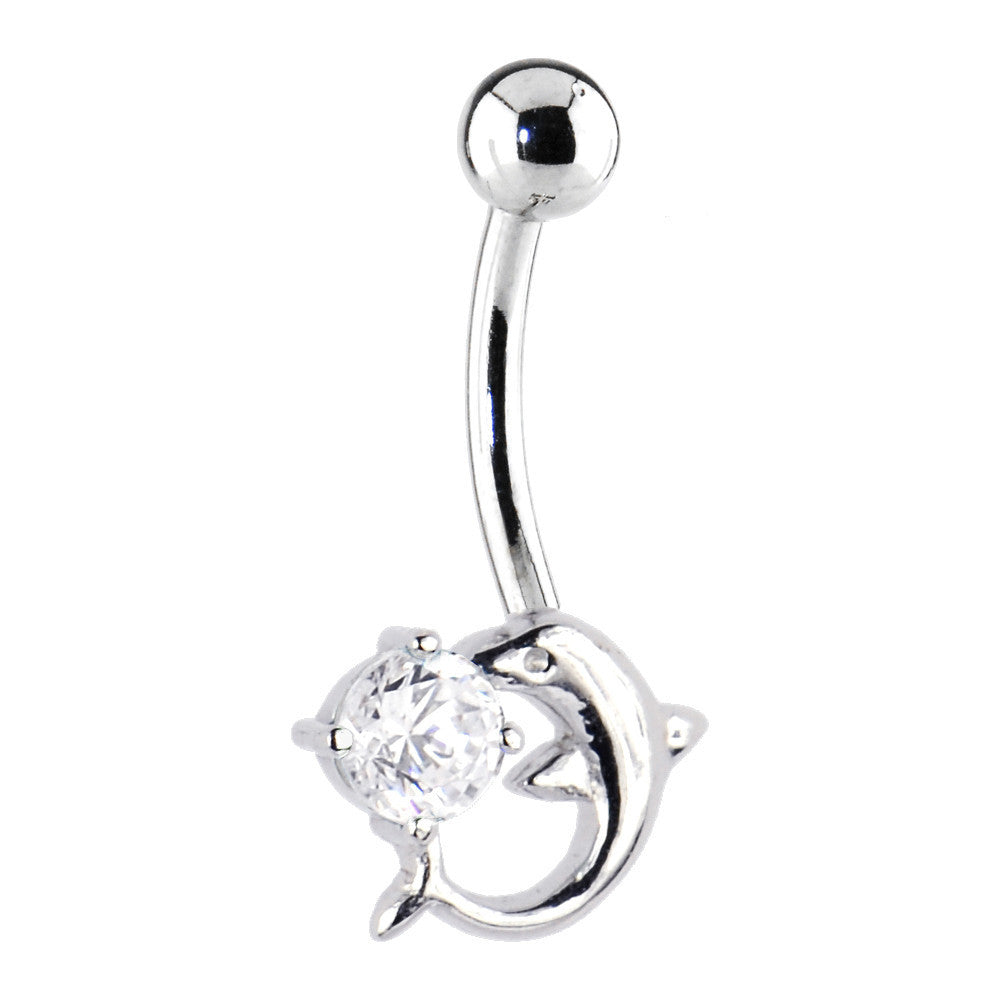 16G Solid 14k White Gold Dolphin Clear Cubic Zirconia Belly Ring