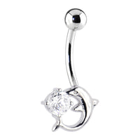 16G Solid 14k White Gold Dolphin Clear Cubic Zirconia Belly Ring