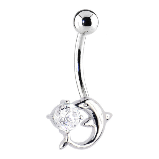 16G Solid 14k White Gold Dolphin Clear Cubic Zirconia Belly Ring
