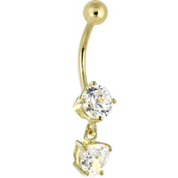 16G Solid 14k Yellow Gold Cubic Zirconia Solitaire Round Heart Dangle Belly Ring