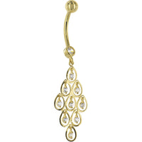 16G Solid 14K Yellow Gold TEARDROP CHANDELIER Cubic Zirconia Belly Ring
