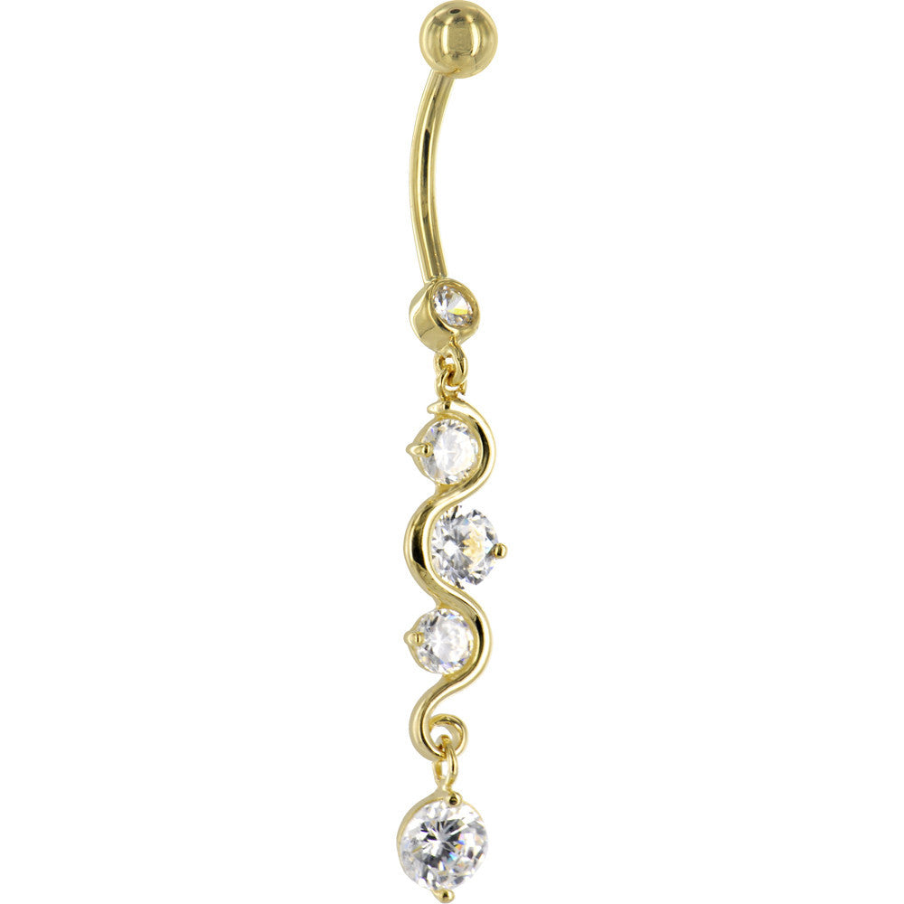 16G Solid 14K Yellow Gold Scroll Delight Cubic Zirconia Belly Ring
