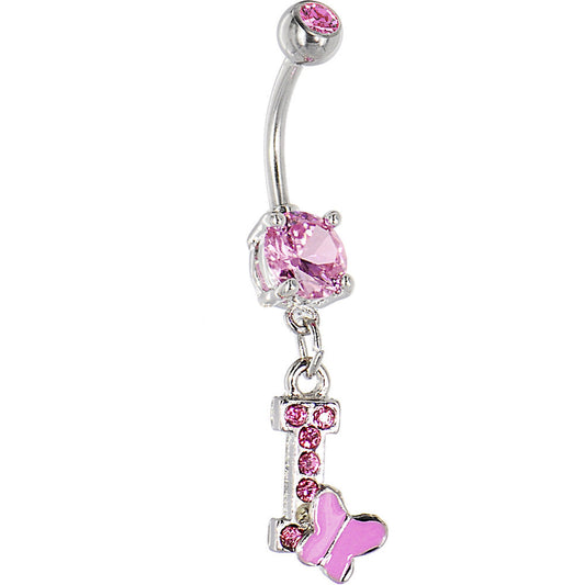 Pink Gem Butterfly INITIAL Dangle Belly Ring - LETTER I
