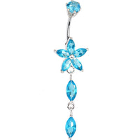 Sterling Silver 925 Aqua Cubic Zirconia Lily Teardrop Belly Ring