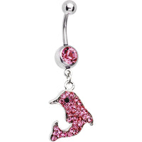 Pink Gem Paved Dolphin Dangle Belly Ring
