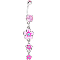Pink Cubic Zirconia Three Flower Drop Belly Ring
