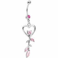 Pink Gem Heart Rose Flower Floral Belly Ring