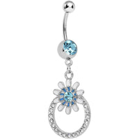 Aqua Crystalline Gem Paved Ring Bursting Flower Dangle Belly Ring