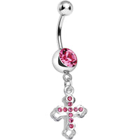 Pink Gem Hollow Cross Charm Double Dangle Belly Ring