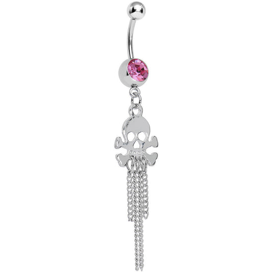 Pink Gem Rattling Chains Skull and Bones Dangle Belly Ring