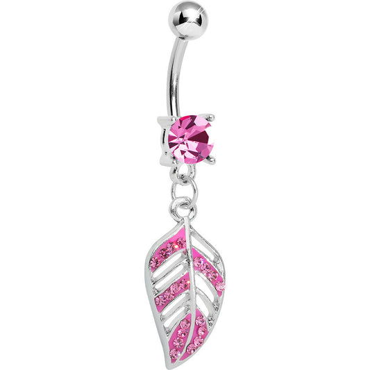 Pink Gem Paved Floating Leaf Dangle Belly Ring