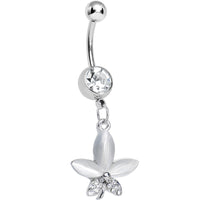 Clear Gem Blooming White Pearly Flower Dangle Belly Ring
