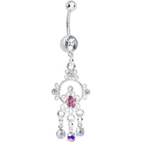 Crystalline Pink Aurora Gem Glimmering Beauty Flower Dangle Belly Ring