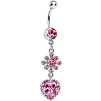 Pink CZ Flower Bomb and Heart Dangle Belly Ring