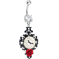 Clear Gem Baroque Clock with Red Rose Flower Dangle Belly Ring