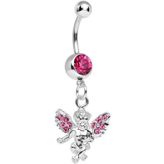 Pink Gem Thoughtful Cherub Dangle Belly Ring