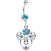 Aqua Gem Flowering Heart Dangle Belly Ring