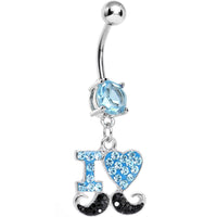Aqua and Black Gem Paved I Heart Mustache Dangle Belly Ring