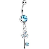 Aqua Gem Unlock Your Luck Clover Heart Key Dangle Belly Ring