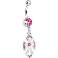 Pink Gem Ornate Heavenly Cross Dangle Belly Ring