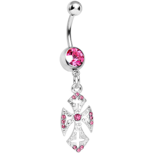 Pink Gem Ornate Heavenly Cross Dangle Belly Ring