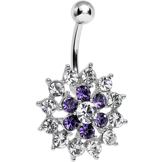 Purple Clear Cubic Zirconia Beauteous Blooming Flower Belly Ring