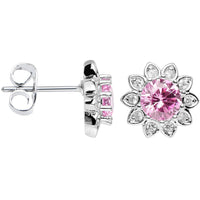 Pink Clear Cubic Zirconia Brilliant Sunburst Flower Stud Earrings