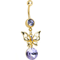 Purple Gem Gold Titanium Round Droplet and Butterfly Dangle Belly Ring