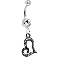 Clear Gem Paved Black Asymmetrical Heart Dangle Belly Ring