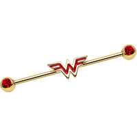 Red Gem Gold Plated Licensed Wonder Woman Logo Industrial Barbell