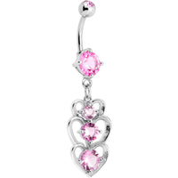 Pink Cubic Zirconia Cozy Hollow Heart Trio Dangle Belly Ring