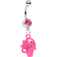 Pink Gem Bow Tied Pink Flower Basket Dangle Belly Ring