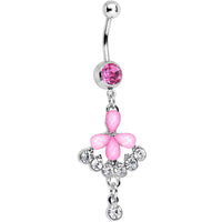 Pink Gem Clear Drops Glittery Flower Dangle Belly Ring