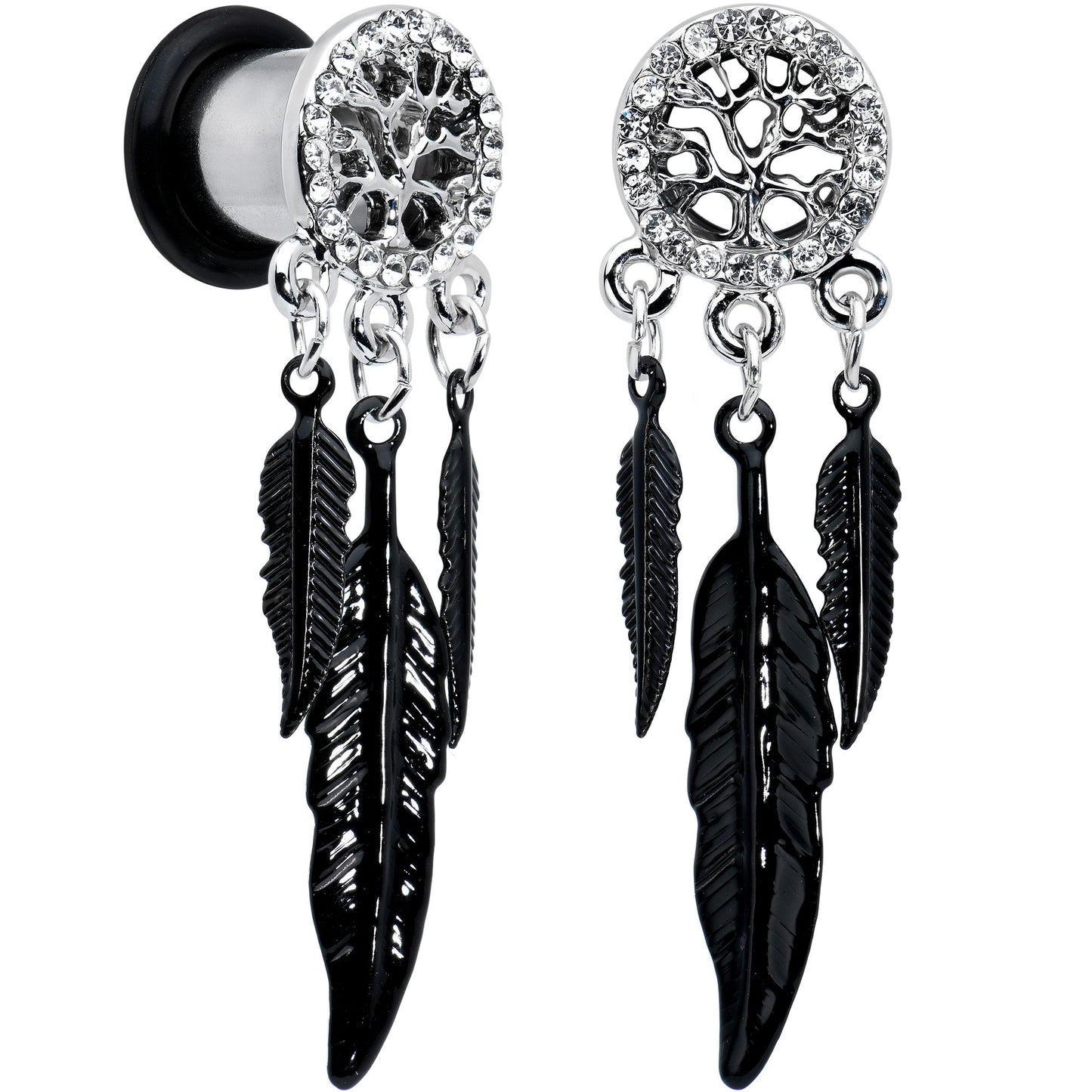 0G Clear Gem Steel Single Flare Tree of Life Dangle Plug Set