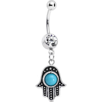 Clear Gem Aqua Orb Hamsa Hand Dangle Belly Ring