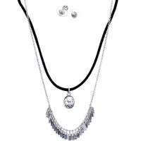 Burnished Silver Clear Necklace and Stud Earring Set